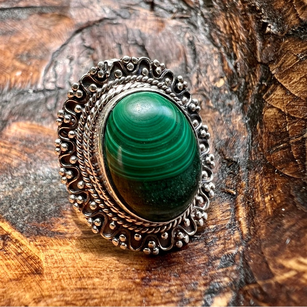 925 Sterling Silver Malachite Statement Ring – Size 9 Southwestern | Boho
